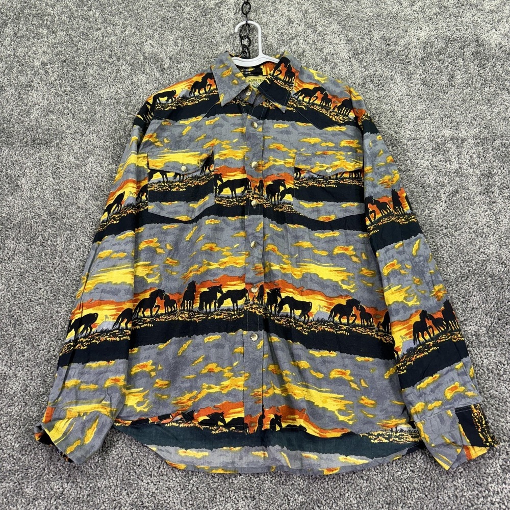 Moda Tech Shirt Mens Large Multicolor Horse Sunset Western Long Sleeve Button Up